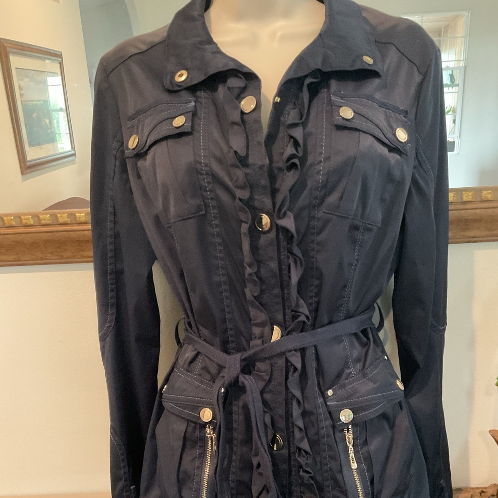 White House Black Market Navy Trench Coat with Ruffles